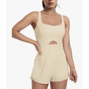 Womens Workout Romper One Piece Bodysuit Shorts Jumpsuit Gym Yoga Athletic Beige